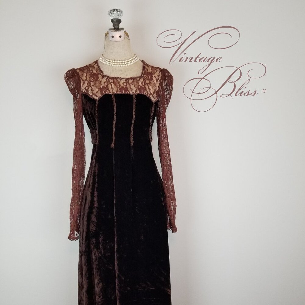 Vtg 1960's Trivia Charm of Hollywood Renaissance Revival Chocolate Velvet Dress